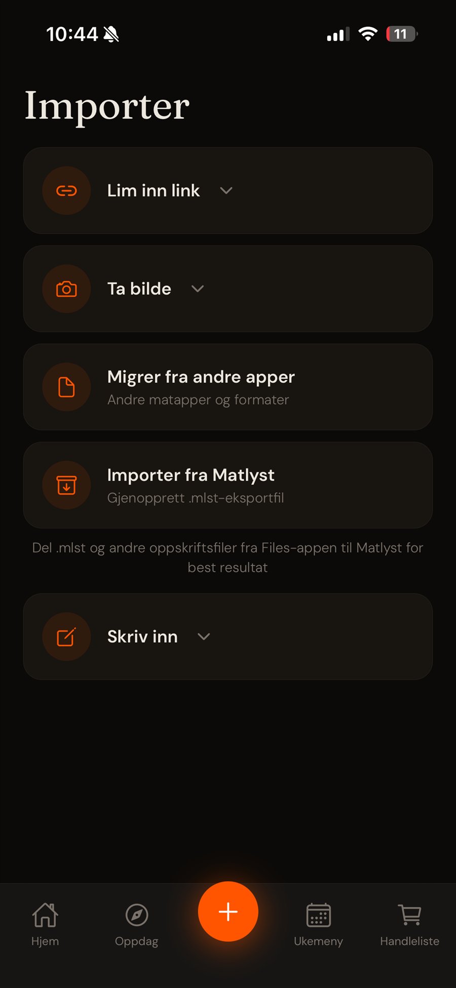 Importskjerm i Matlyst: lim inn link, ta bilde, migrer fra andre apper