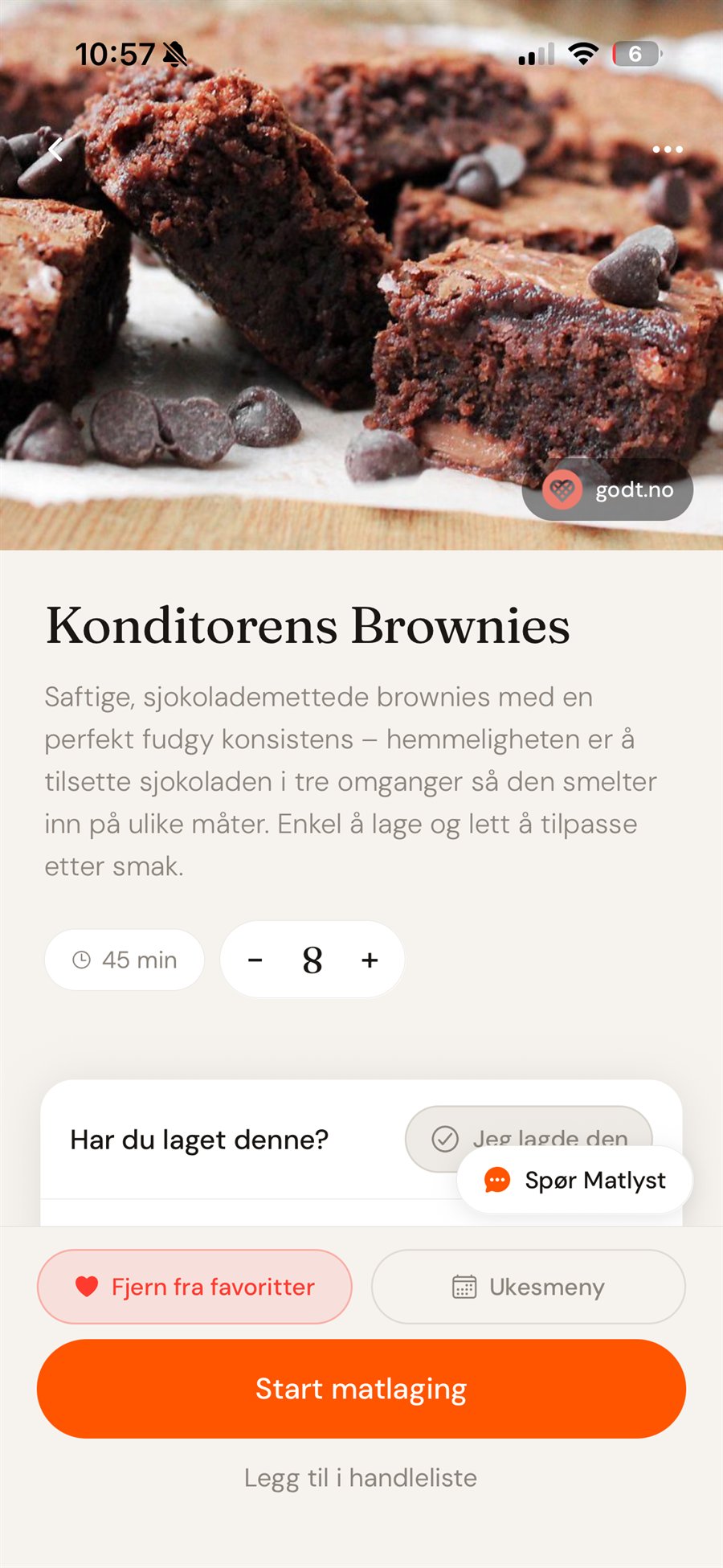 Oppskriftsdetalj i Matlyst med bilde, beskrivelse og porsjonsjustering
